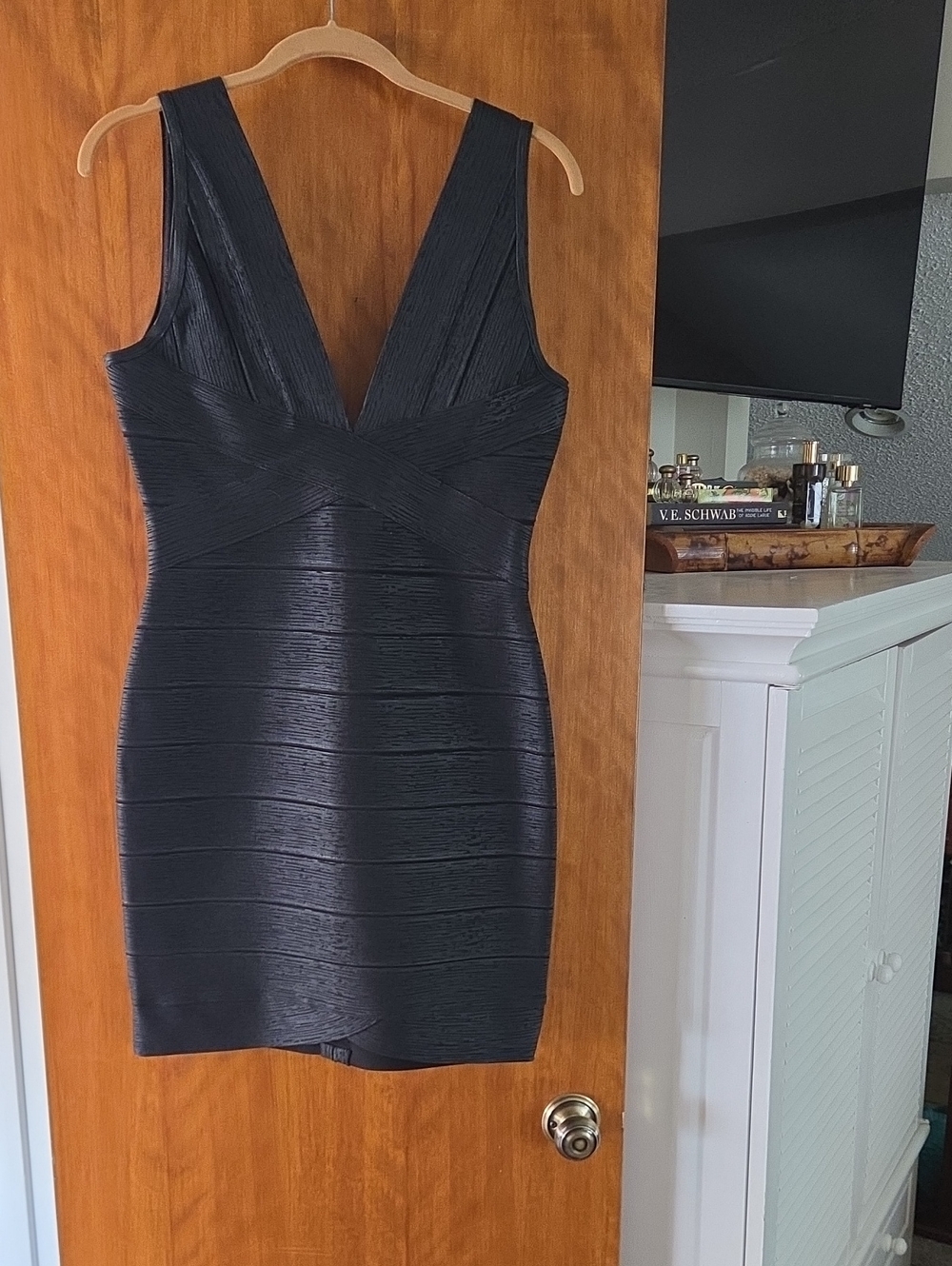 Herve Leger Black Plunging V-Neck Bandage Mini Dress